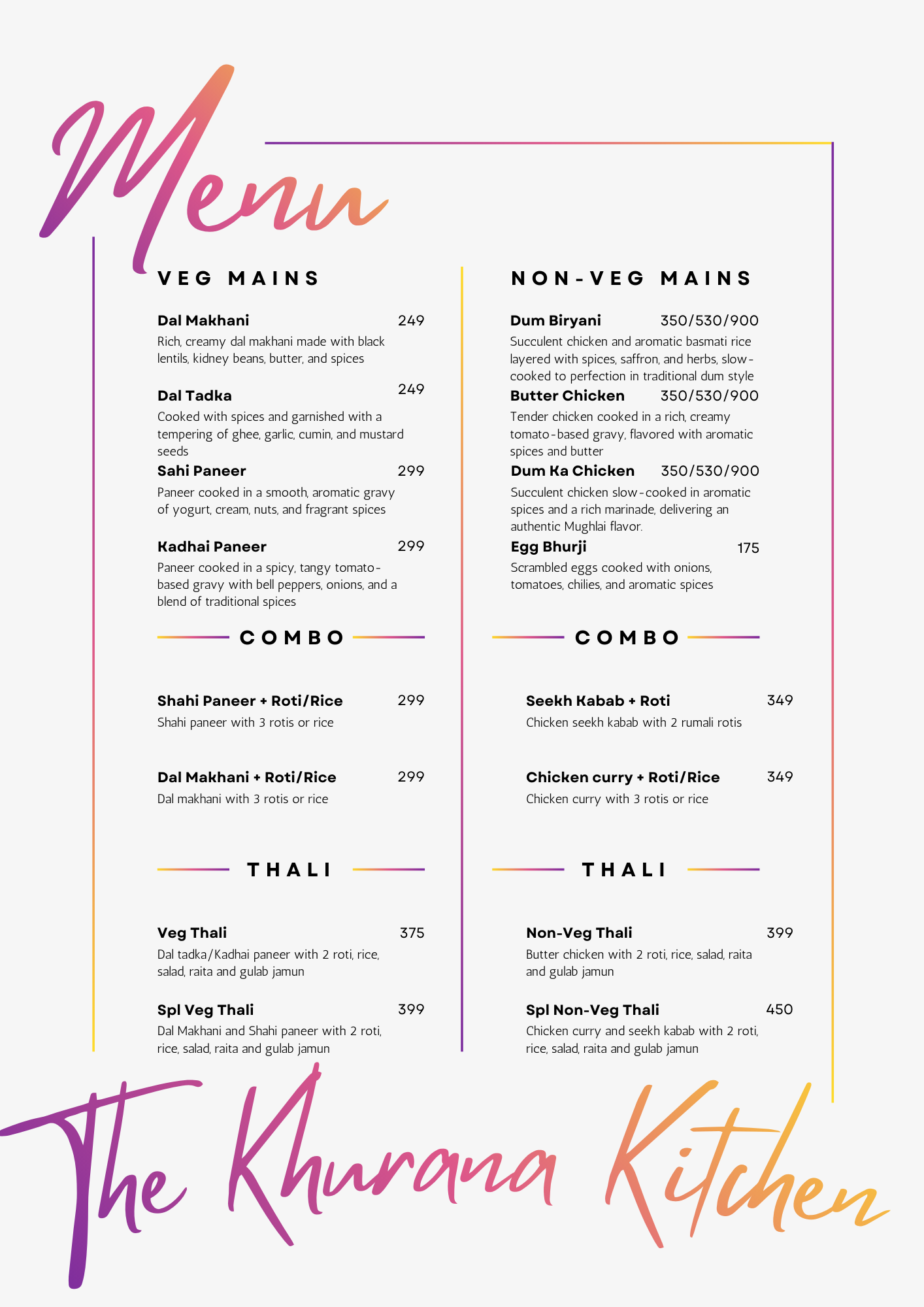 The Khurana Kitchen Menu